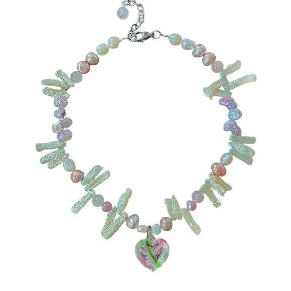 Harlot Hands Freshwater Pink Pearl Necklace with Glass Heart Choker Necklace - Picture 3 of 4